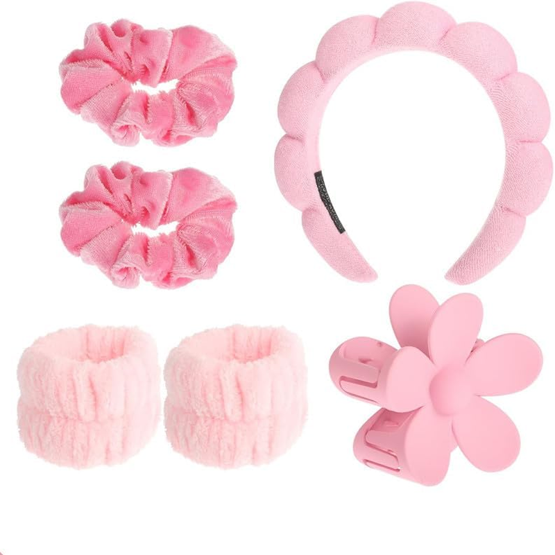 SHUNYUNG Skincare Headband Set, 6 Pieces Pink Spa Headband with Wristbands and Hair Clips image number 1