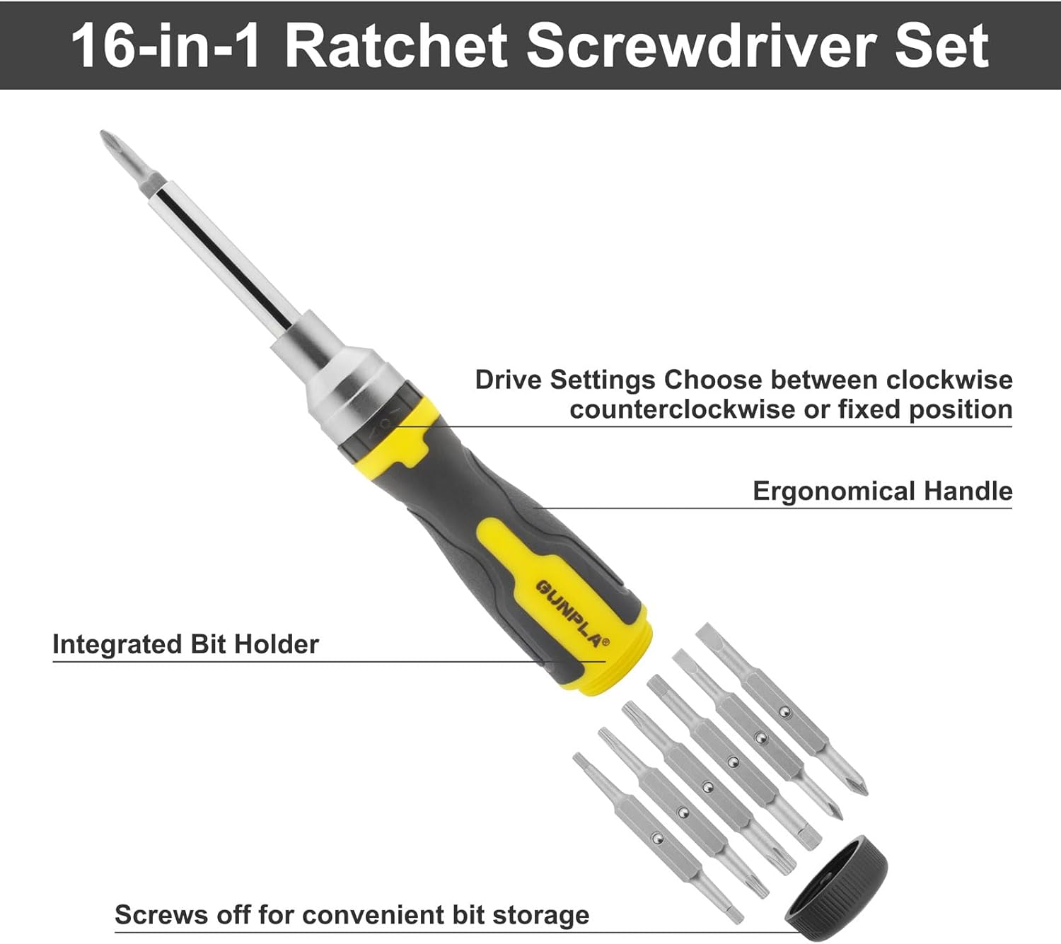 Gunpla 16Pcs Ratchet Screwdriver Set, Double End Ratcheting Torx Phillips Hex Bits Screwdrivers Heavy Duty Chrome Vanadium Steel Cr-V TPR Plastic Ergonomic Handle &ndash; Multi Bit Tool Kit