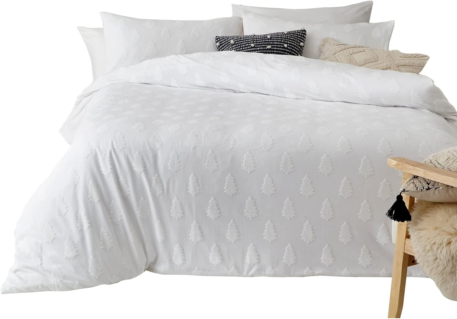The Linen Yard Tufted Tree Single Duvet Cover Set, Cotton, Snow, White