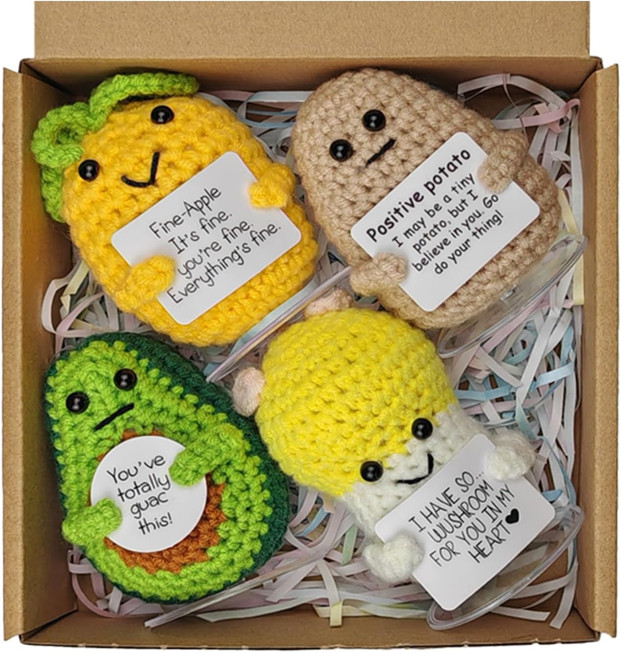 SZMDLX Positive Crochet Potato Mushroom Avocado Pineapple, 4PCS Emotional Inspirational Support Cute Stuff, Home Decoration, Funny Handmade Crochet with Positive Card, Encouragement Gifts for Friends image number 5