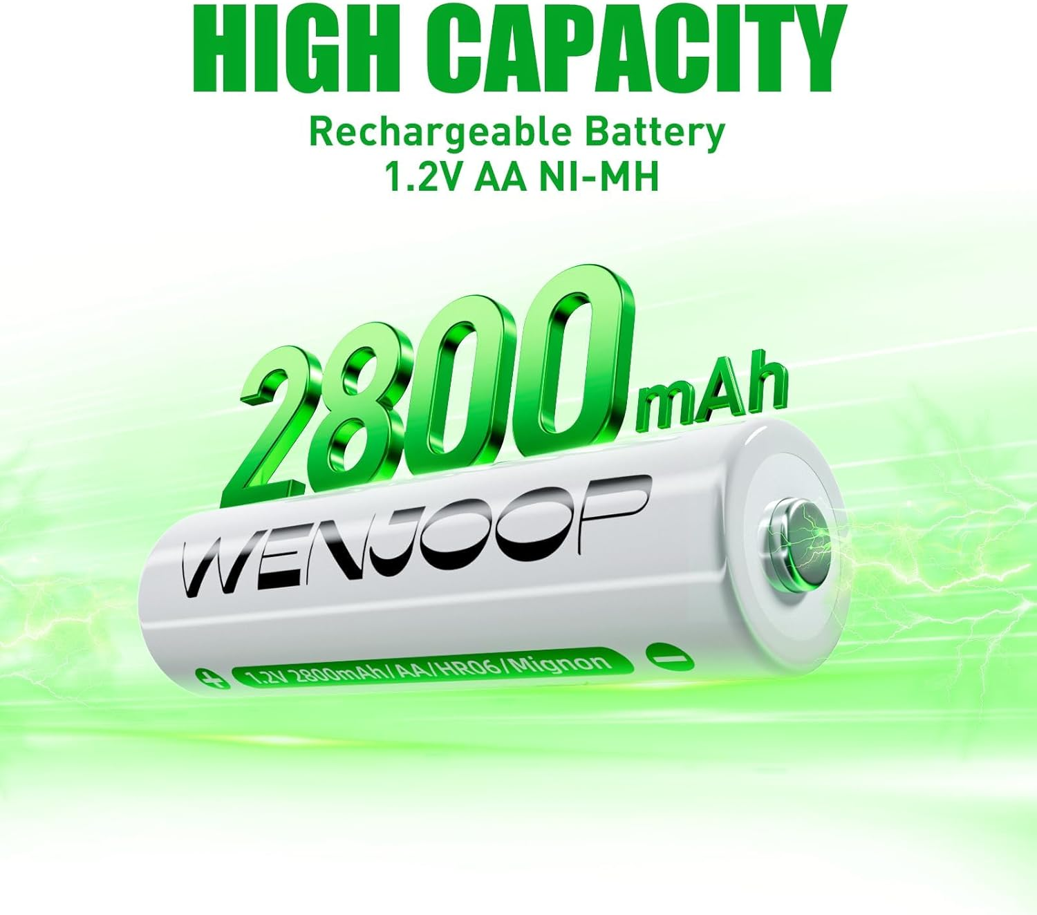 WENJOOP AA Rechargeable Batteries 12 Pack &ndash; 2800 Mah High‑Capacity Nimh, Low-Self‑Discharge, 1.2 V, Long‑Lasting Power for Household & Office Devices image number 3