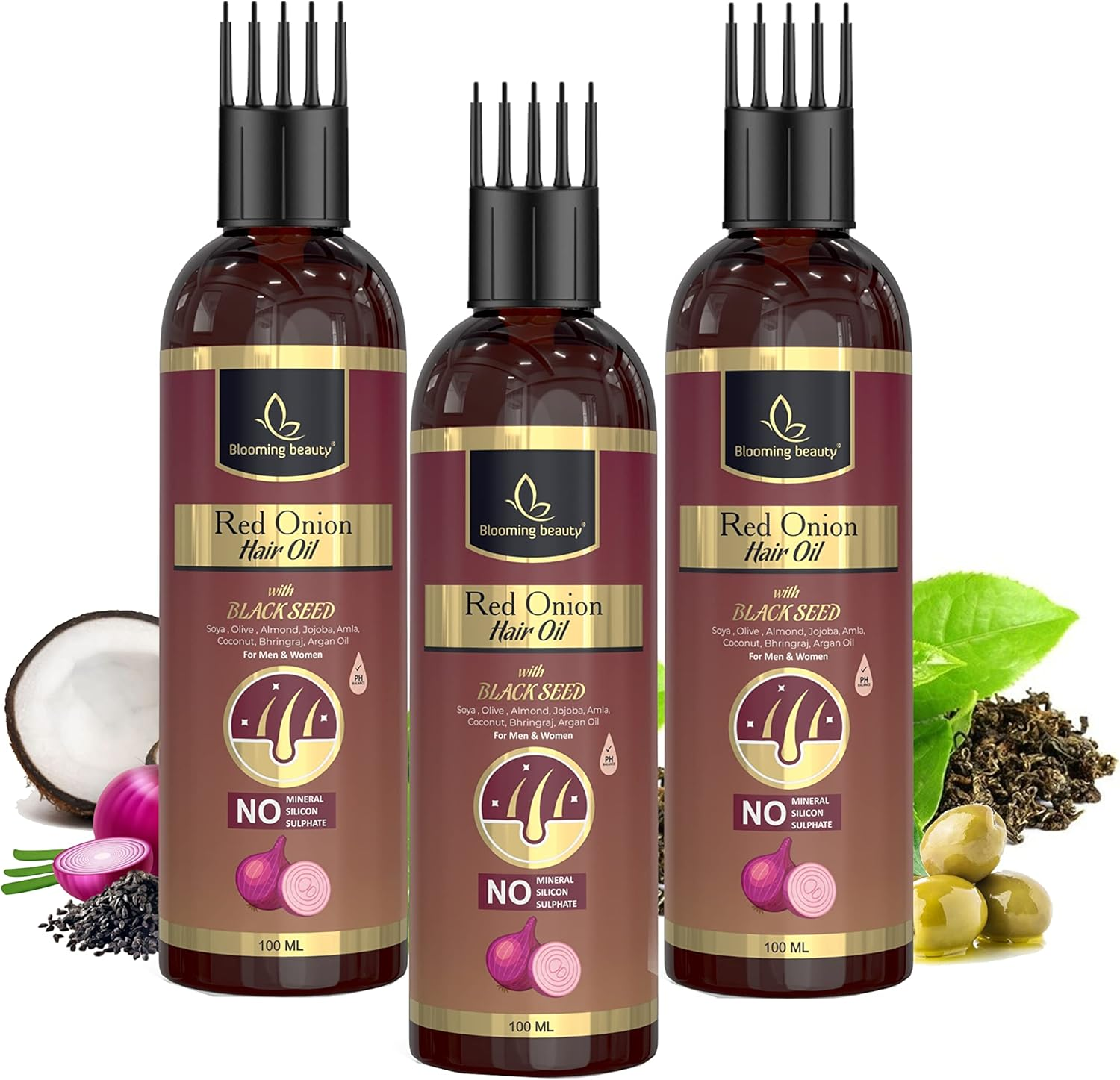 Blooming Beauty Onion Hair Oil for Hair Growth, anti Dandruff & Red Oninin | Hair Regrownz Black Seed Oil for Women(100X3Comb Applicator))