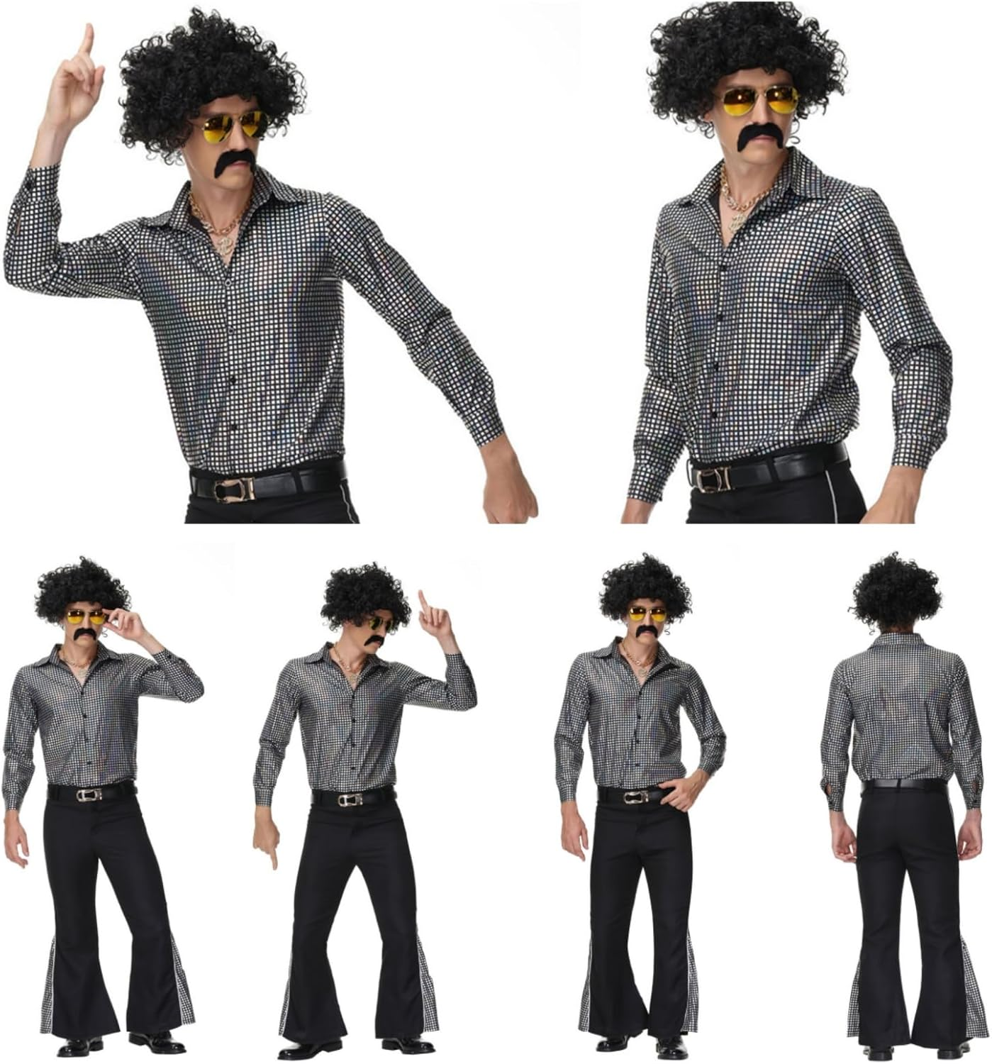 6 Pcs Hip Hop Wig Kit, Mens 70S/80S Disco Costume Set, Hippie Wig/Punk Sunglasses/Dollar Sign Finger Ring and Necklace/False Beard Theme Party Cosplay Accessories image number 2