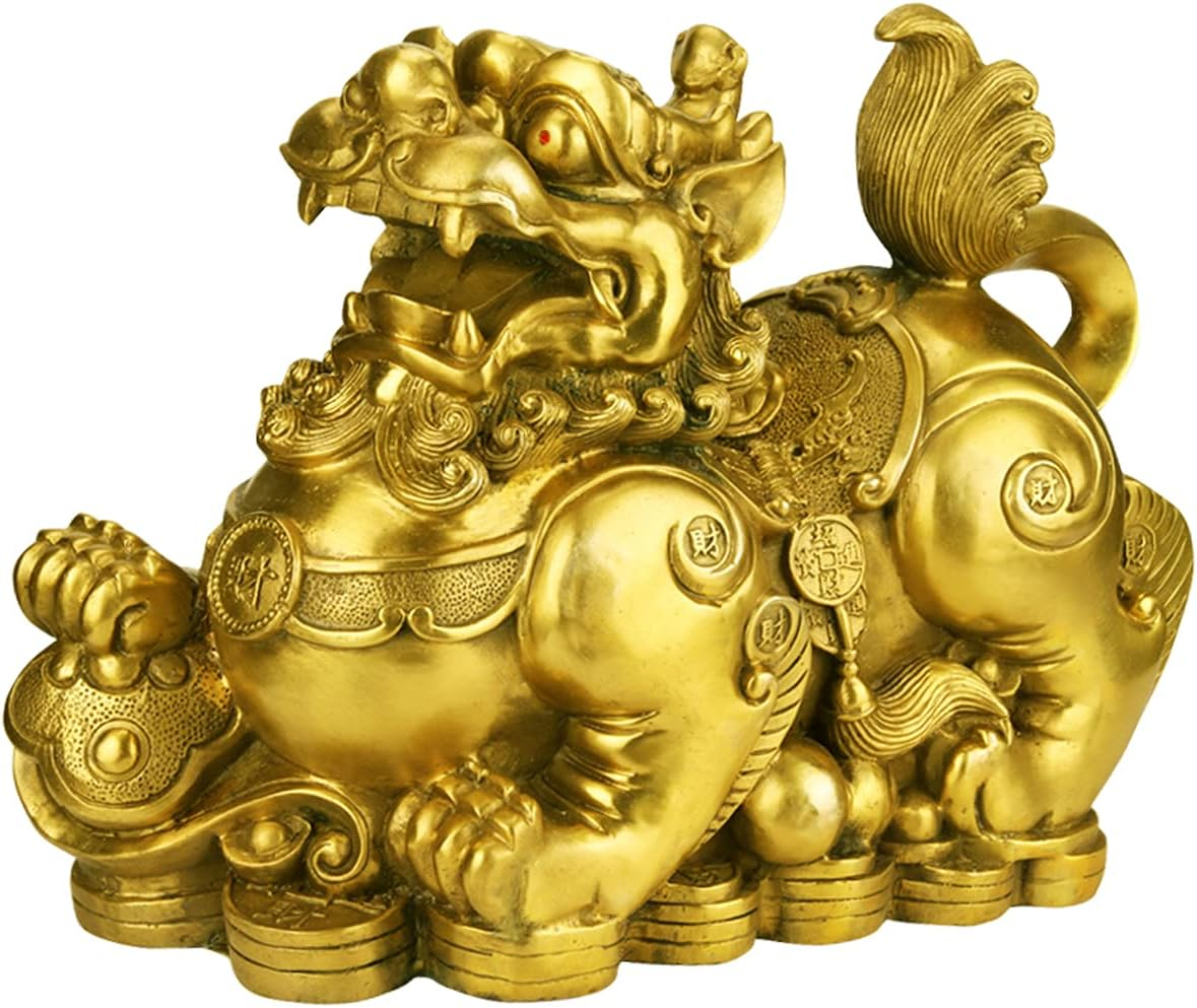 Feng Shui Pixiu/Pi Yao Brass Statue Home Decor a Pair Figurine Attract Money and Good Luck Wealth Decoration Sculpture Golden(3.2" L X 1.6" W X 2.8" H) image number 5