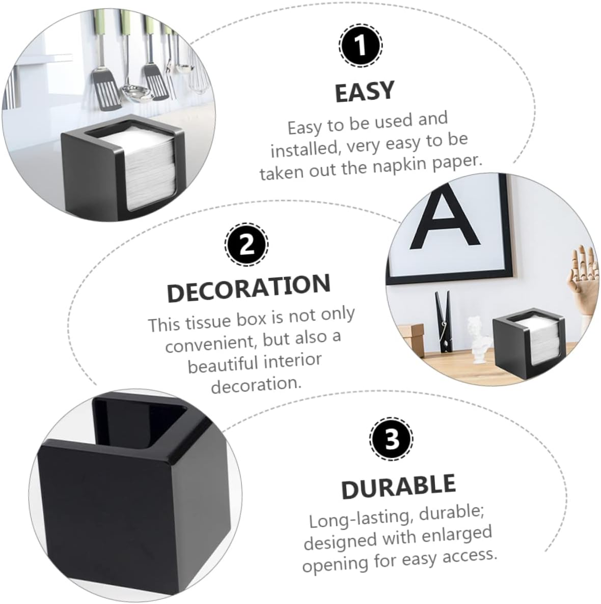 Luxshiny 1Pc Modern Black Acrylic Tissue Box Stylish Tissue Dispenser Holder for Dining Room Bathroom and to Use Extraction Neat and Convenient Design image number 3