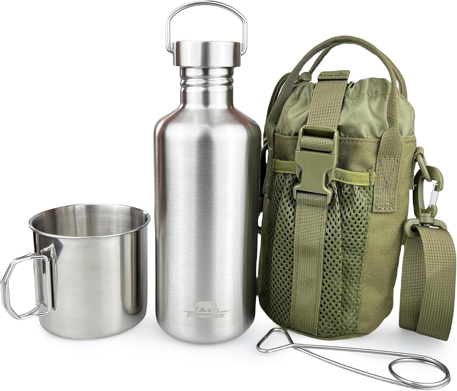Pubgeer Canteen 42Oz Single Wall Water Bottle with 24Oz Nested Camping Cup and Carrier Bag, Stainless Steel, Bushcraft Gear, Wide Mouth Water Bottle, Survival Gear, Water Boiler, Self Reliance