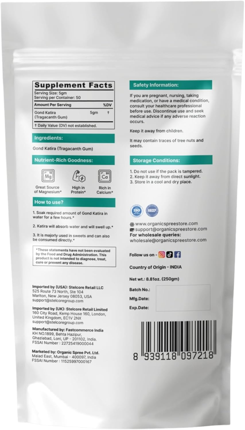 Organic Spree Gond Katira - Tragacanth Gum - Gomme Adragante - Goma Tragacanto - 250Grams (8.81 Oz) image number 3
