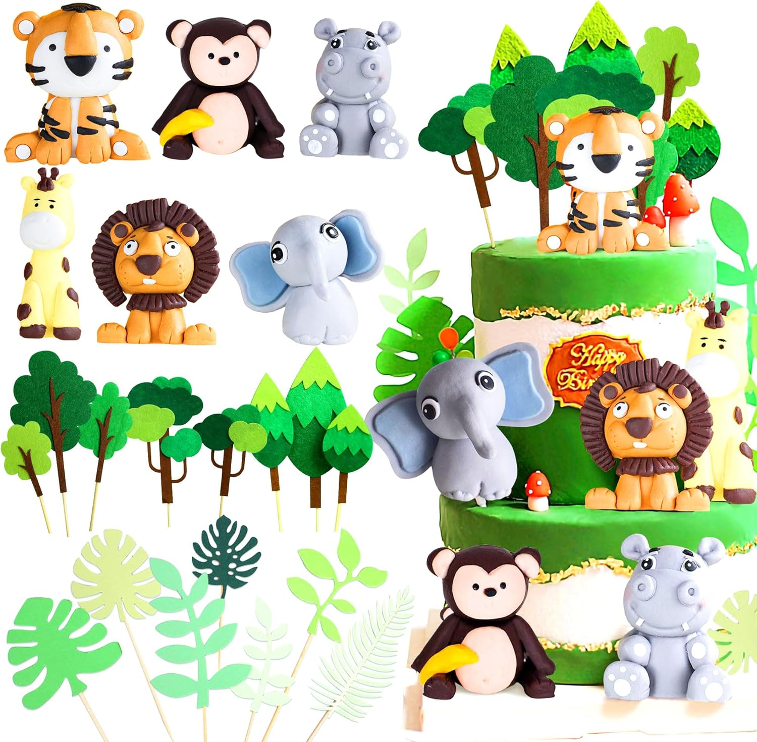 Jevenis Safari Animals, Elephant, Jungle Animals Cake Decoration - Wild One Palm Leaves Giraffe Decoration image number 3