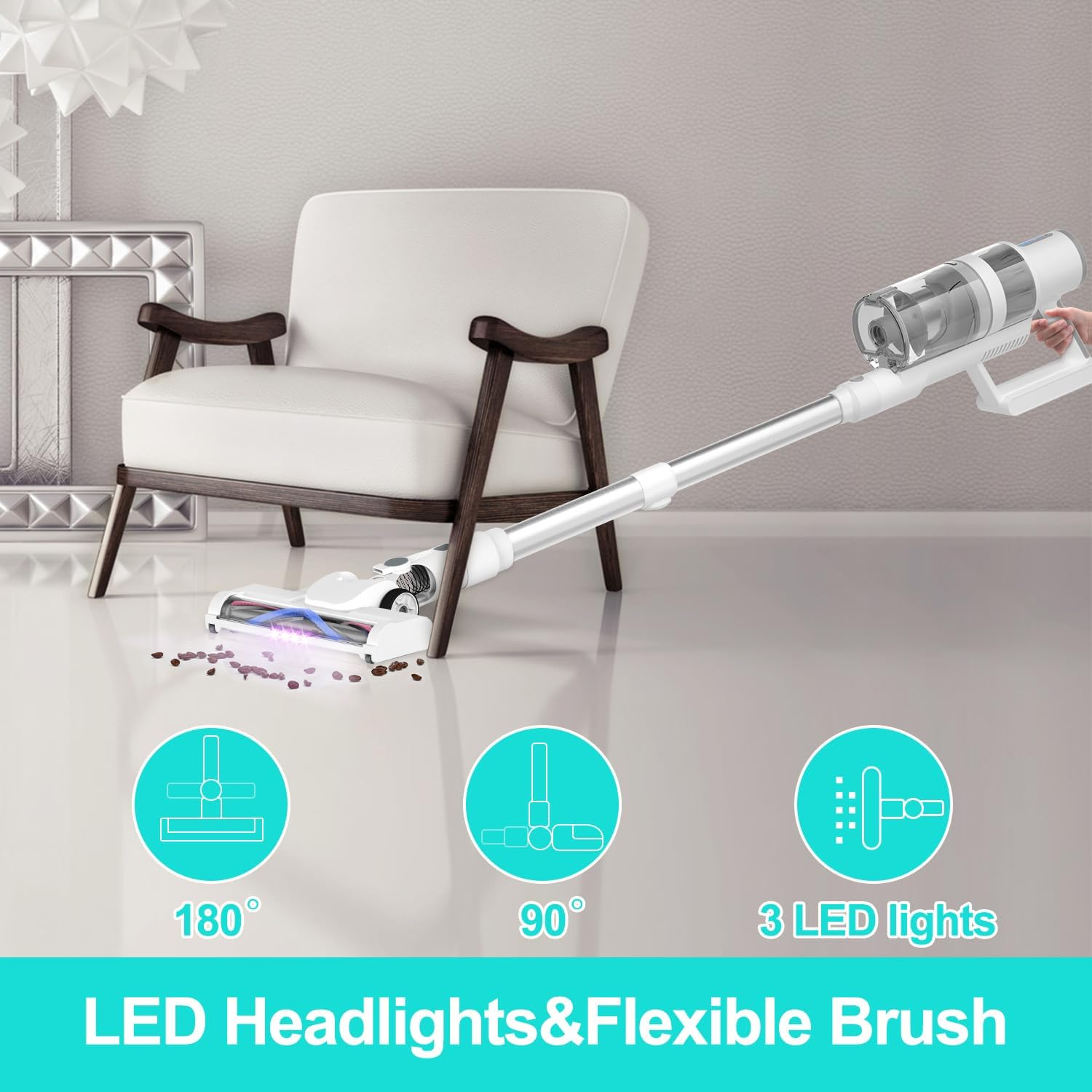 Cordless Vacuum Cleaner, 18000Pa Powerful Cordless Stick Vacuum 6 in 1, 45Mins Long Runtime, LED Lights Vacuum for Hardwood Floor Carpet Pet Hair Car Cleaning