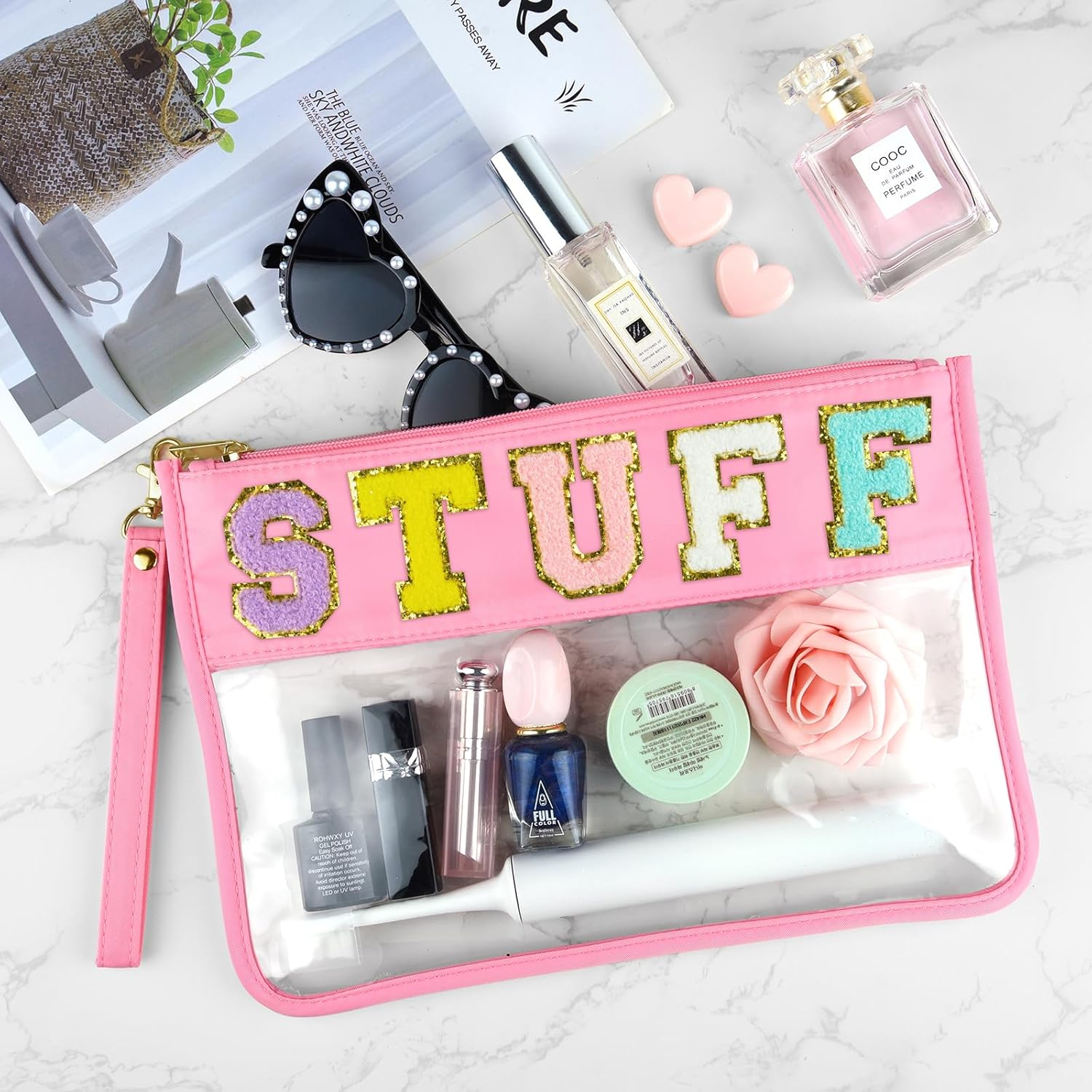 Morcheiong Chenille Letter Bag Clear Zipper Stuff Pouch PVC and Nylon Makeup Bag with Handle for Travel School Gym Beach image number 2