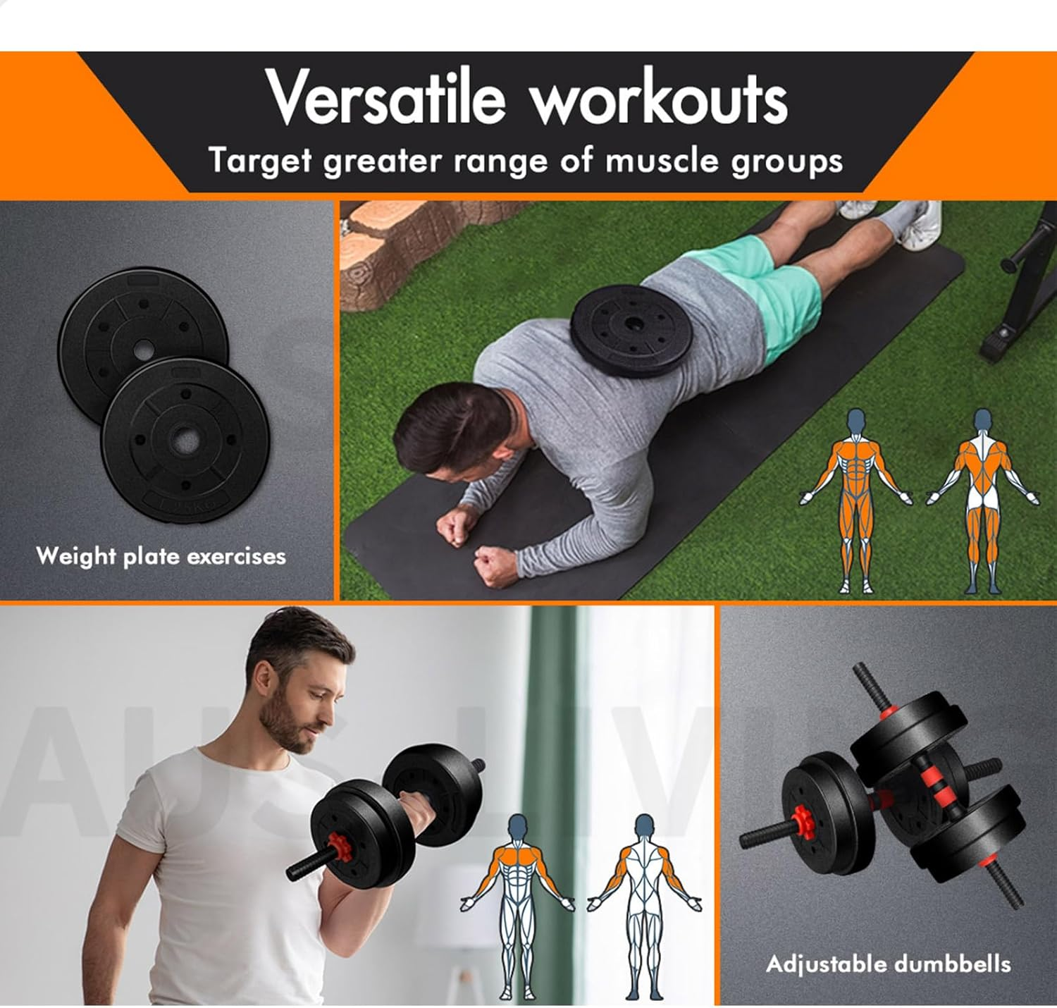 BLACK LORD Adjustable Dumbbell Set 20KG 7-In-1 Barbell Kettlebell Set Dumbbells Weight Plates for Home Gym Fitness Weightlifting Toning Exercise and Strength Training image number 4