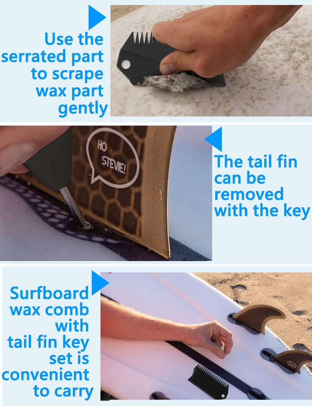 4 Pack Wax Comb with Fin Key, SUP Surf Board Wax Comb, Cleaning Remover Skim Board Surfing Accessory, Surfboard Wax Remove Comb Portable Black Fin Wax Scraper Tool, Black Maintenance Remover Comb image number 2