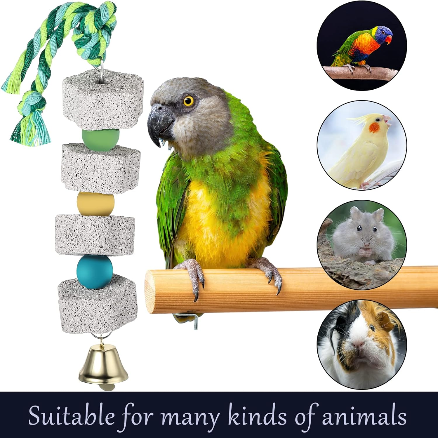 Sanwuta 4 Pack Bird Beak Grinding Stone with Bell Parrot Chewing Toy Parrot Beak Stone Lava Block Calcium Stone Bird Cage Accessories for Parakeet Cockatiel Conure Hamster Chinchilla Rabbit image number 1