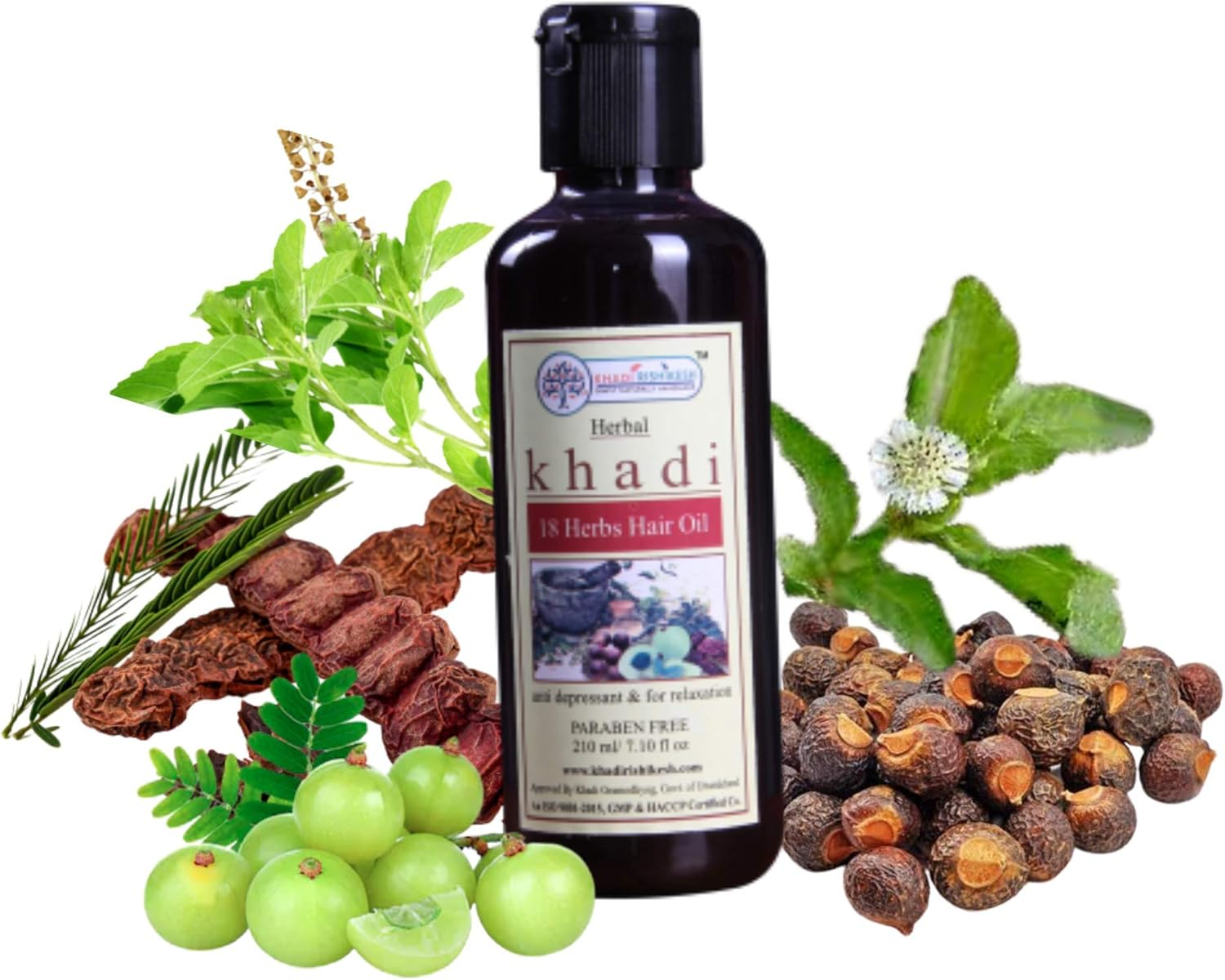 KHADI RISHIKESH Herbal 18 Herbs Hair Oil,Cool Scalp,Herb like Amla, Bhiringraj, Neem, Treat Scalp,Soften Hair Makes Fuller and Prevents Dandruff & Hair Growth,Men and Women (210 Ml) image number 3