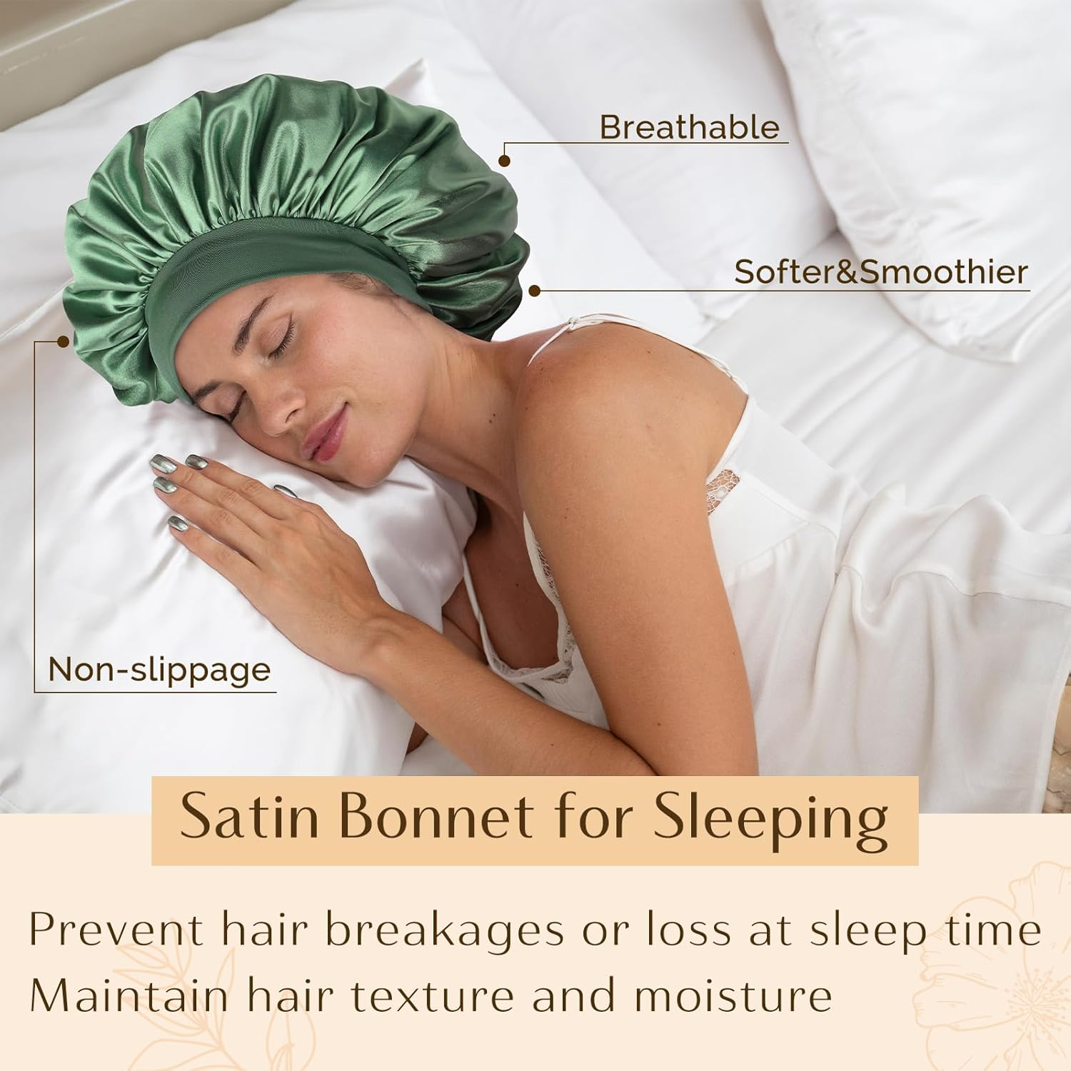 YANIBEST Women'S Satin Hair Bonnet for Sleeping, Curly, Natural, Long Hair, Adjustable One Size Green Beanie image number 2