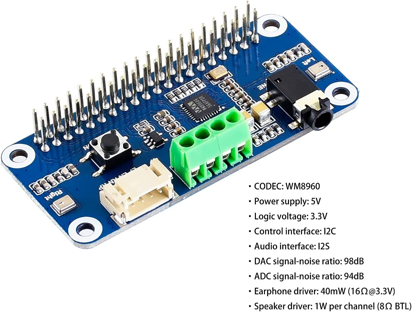 WM8960 Hi-Fi Sound Card HAT for Raspberry Pi 5/Pi 4B/3B+/Pi3B/Pi Zero 2W/ Zero W/Zero WH, Support Stereo Encode/Decode, Play/Record, Directly Drives Speakers to Play Music image number 1
