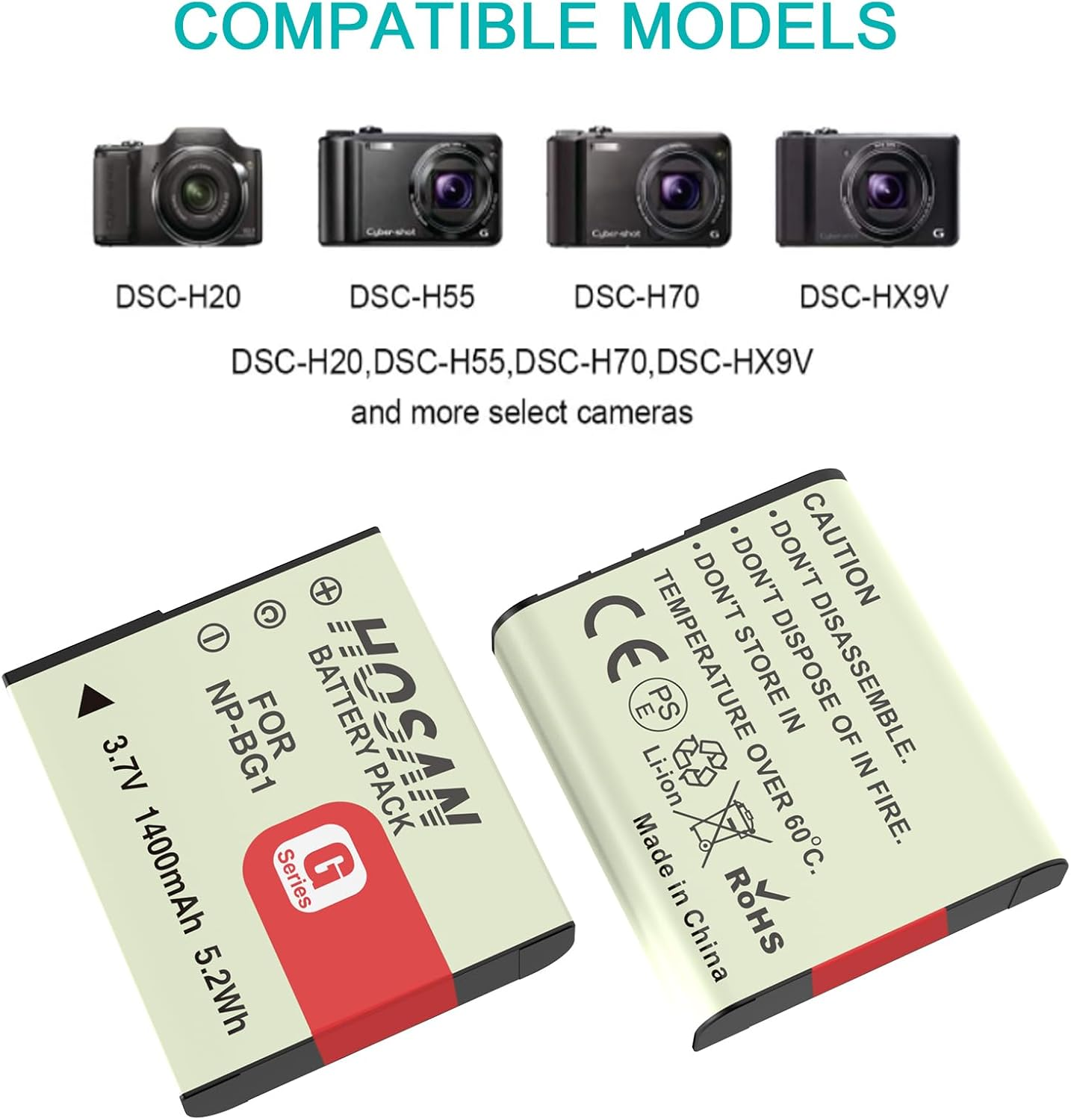 HTYCSCZ NP-BG1 Battery (2 Pack) and Dual USB Charger Kit for Sony NP-BG1, DSC-HX9V, DSC-H70, DSC-H50, DSC-H55, DSC-H90, DSC-W290, DSC-H20, DSC-W80, DSC-HX5V, DSC-W55 image number 2
