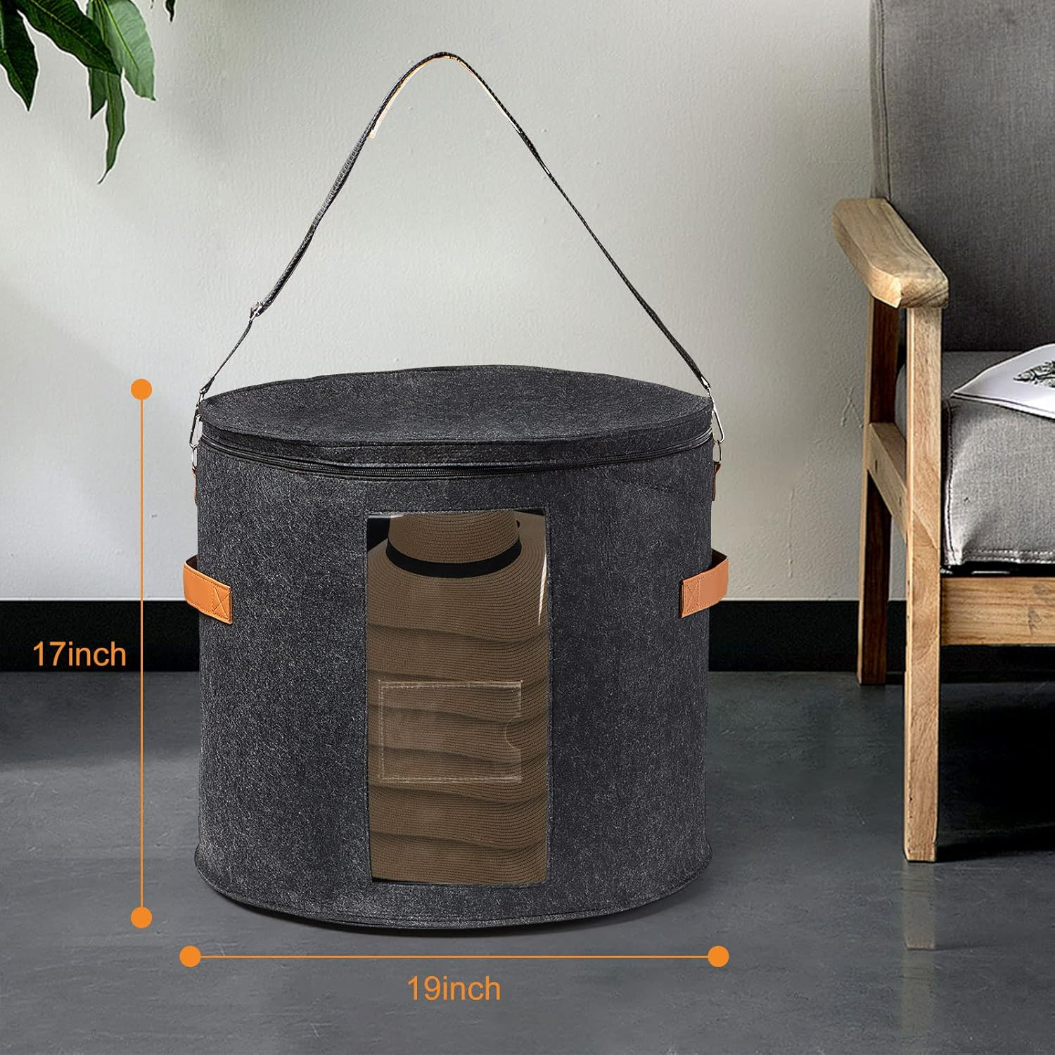 Large Storage Box for Women & Men, Travel Hat Box with Lid, Foldable round Cowboy Hat Organizer for Carrying & Storing Various Types, 19" D X 17" H image number 6