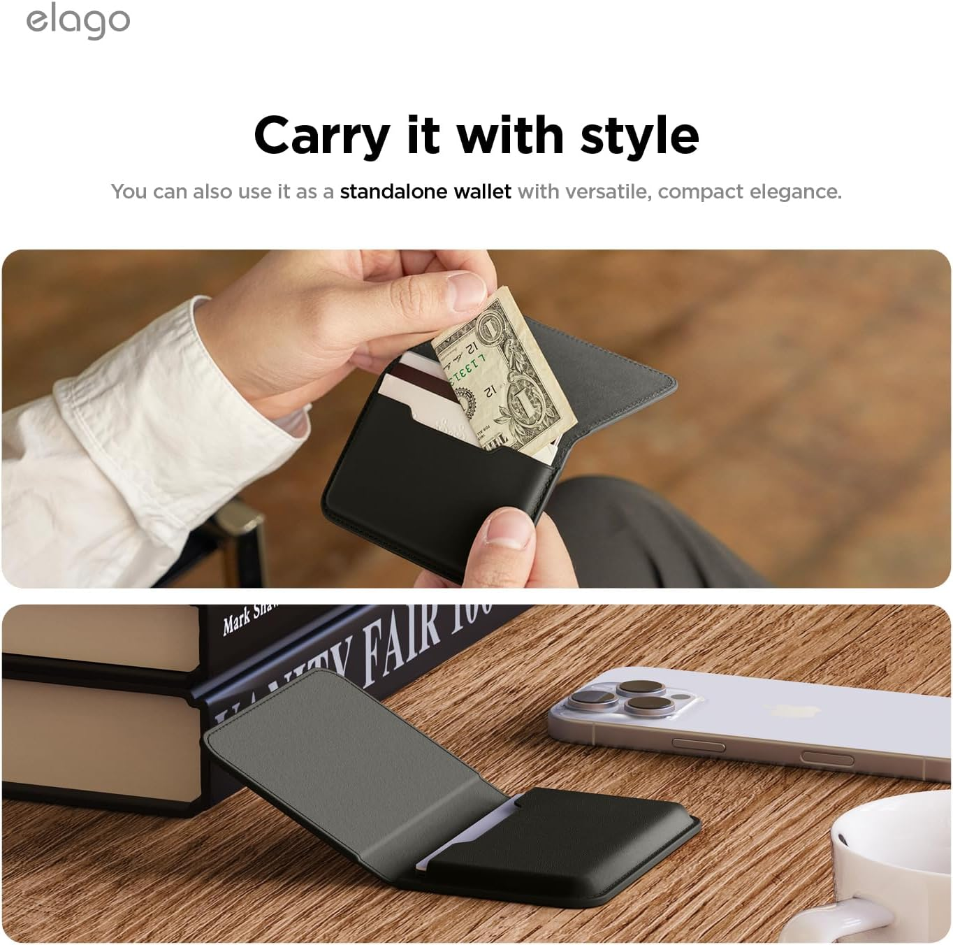 Elago Magnetic Vegan Leather Wallet Card Holder 4-Cards Compatible with Magsafe for Iphone 17/16/15/14/13/12 Series - Secure Phone Wallet, Scratch and Damage Protection (Black) - Brown image number 7