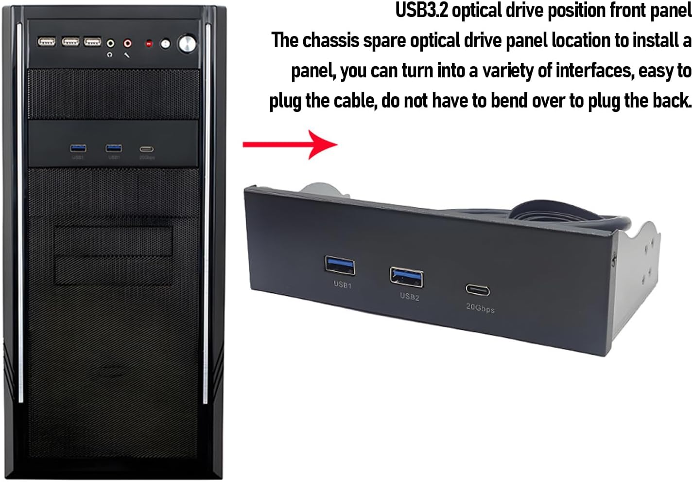 USB Front Panel Hub, Gen2X2 USB a Type C 3 Ports, Optical Drive 5.25-Inch Front Panel, 19 Pin 20Gbps Optical Drive Extension Panel, Computer Expansion Board image number 2