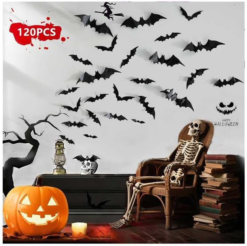 120Pcs Halloween Bats Decorations Outdoor Indoor, Halloween Party Supplies, 3D Bat Stickers for Wall Window Home Kitchen Scary Decor (4 Sizes, Black) image number 6