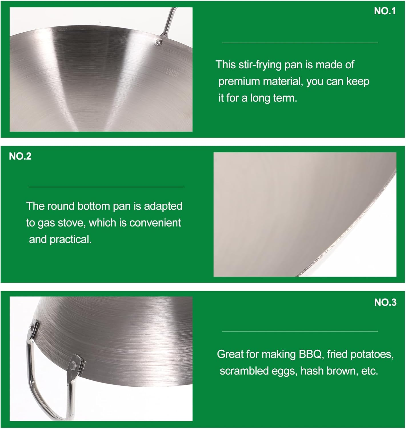 Operitacx Stainless Steel Wok 12 Inch round Bottom Frying Pan Large Capacity Saute Pan for Gas Stove Kitchen Cooking Stainless Wok image number 6