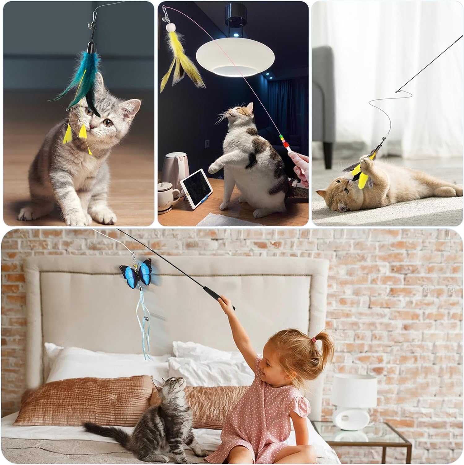 Cat Toys for Indoor Cats, 16 Pieces Interactive Cat Toys, Retractable Cat Wand Toy, Cat Feather Toys Refills, Butterfly Toys Cat Fishing Pole Toy for Bored Indoor Cats Chase and Exercise image number 3