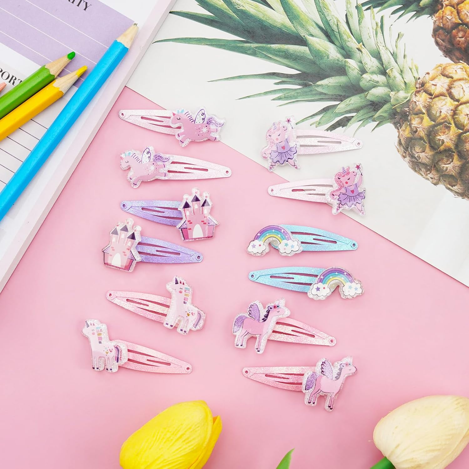 Pack of 12 Hair Clips Girls Unicorn Hair Accessories Clips Hair Clips Children Multicoloured Glitter Unicorn Hair Clips Cute Cartoon Clips for Girls Children Baby Gifts image number 2