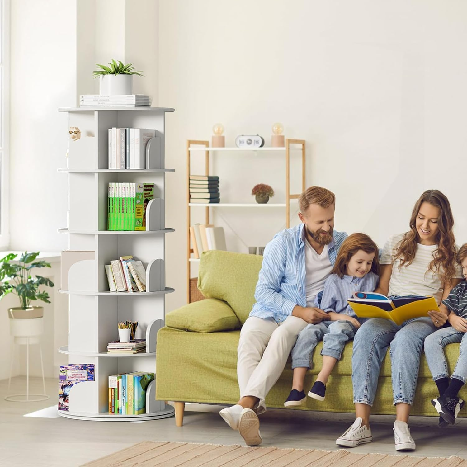 Lehom 5 Tier Rotating Bookshelf, 360&deg; round Spinning Bookcase, Floor Standing Revolving Book Shelf Tower, 160Cm Tall Circle Swivel Bookcase for Small Space, Bedroom, Study Room, White image number 4