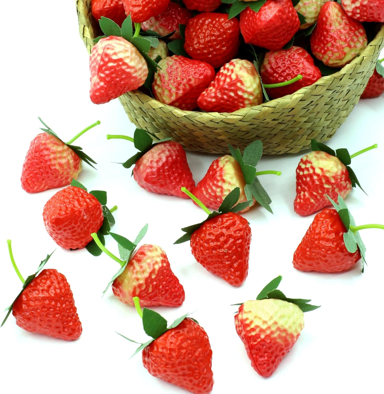 DONOTGO 50Pcs Artificial Strawberries Fruit Plastic Fake Lifelike Simulation Realistic Strawberry Faux Fruits Decoration for Home Kitchen Cabinet Party Cake Dessert Decor Photography Prop image number 4