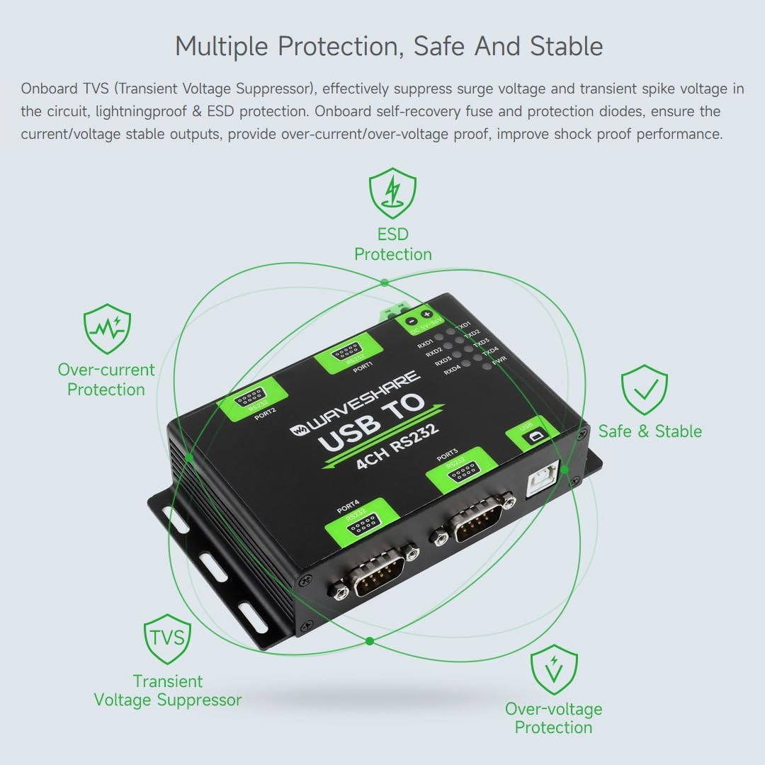 Waveshare Industrial Isolated USB to 4CH RS232 Converter (DB9 Female Interface), Adopts Original FT4232HL Chip, Features High-Speed&Stable Communication, Compatible with Mac/Linux/Android/Windows... image number 4