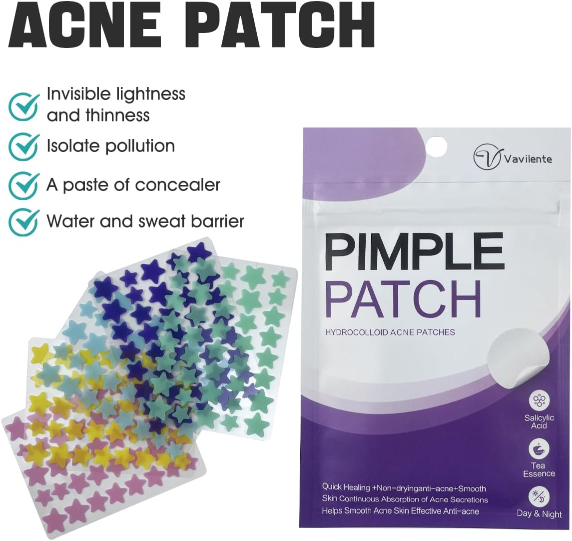 Vavilente Pimple Patches for Face Zit Patch Dots,Hydrocolloid Pimple Patch with Tea Tree Oil Pimple Patches Invisible,Star Pimple Patches,Cute Acne Patch-Day and Night Use(200 Count)