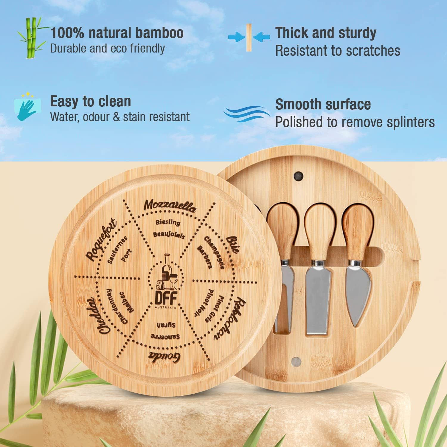 Bamboo Cheese Board with Knife Set - round Charcuterie Serving Tray with Engraved Cheese & Drinks Name - Wooden Cheese & Meat with Stainless Steel Knives & Cutlery - Housewarming & Wedding Party Gifts image number 1