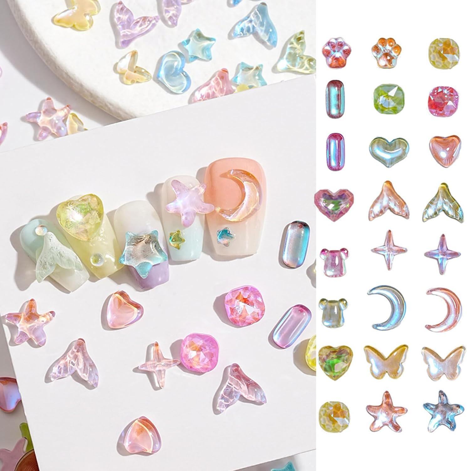 Dohocall 2 Boxes Mixed Shape Nail Rhinestone Nail Crystal Charms Nail Charms Butterfly Star Nail Art Charms Nail Art Decoration