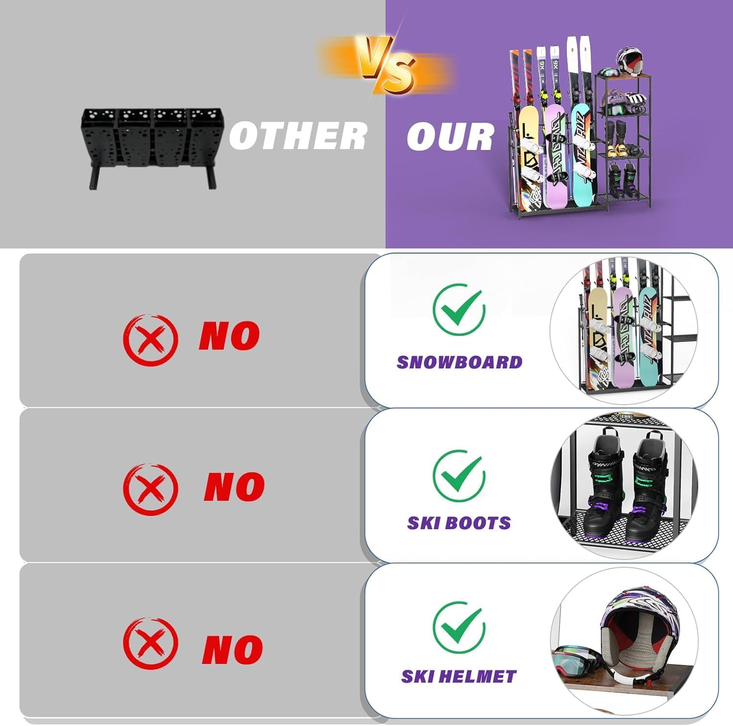 Yoimori Freestanding Snowboard Rack - 4 Pair Ski, 3 Pack Snowboard, Boot, Pole, Goggles, Helmet Rack for Garage, Shed, Basement image number 1