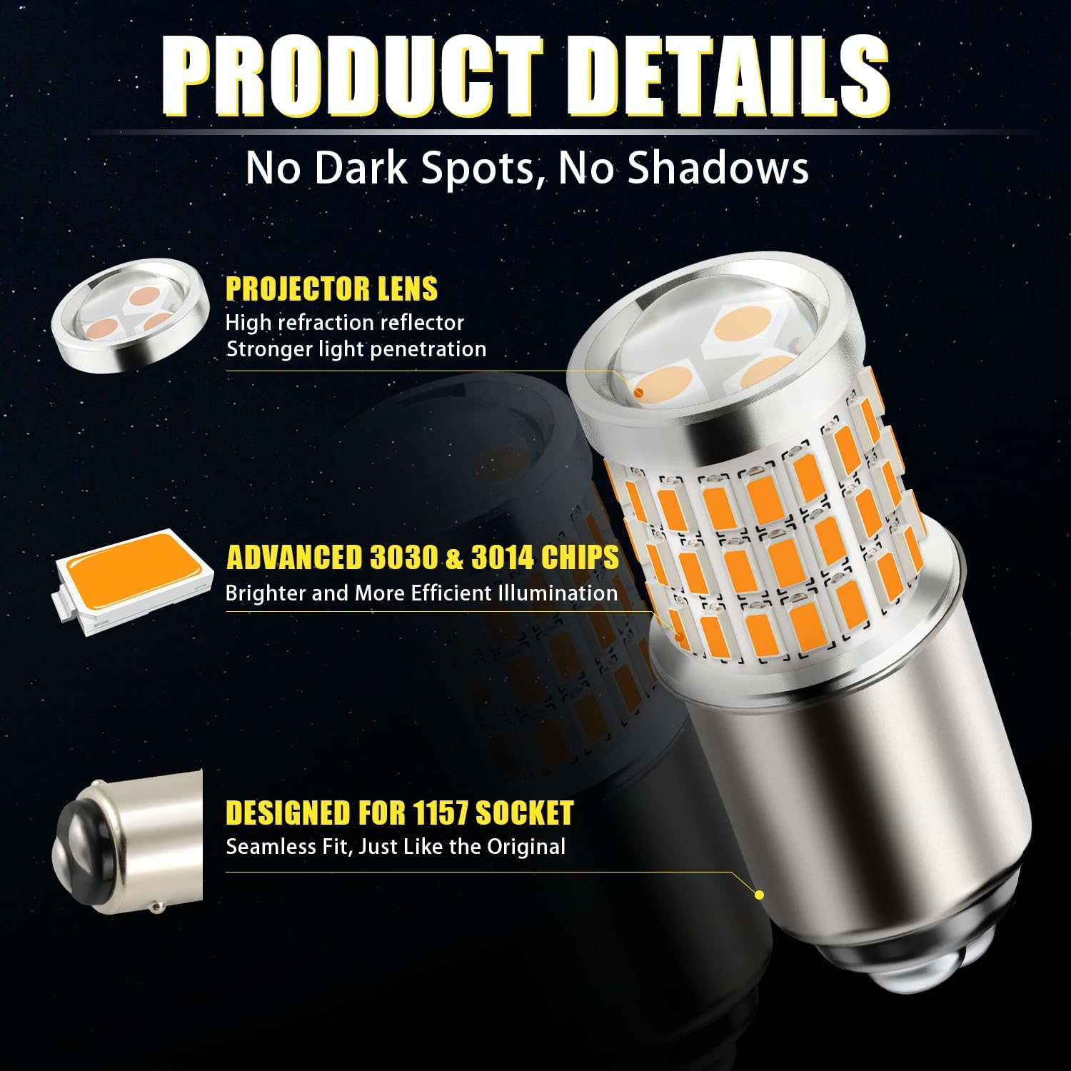 Ibrightstar Newest 9-30V Super Bright Low Power 1157 2057 2357 7528 BAY15D LED Bulbs with Projector Replacement for Turn Signal Lights,Amber Yellow