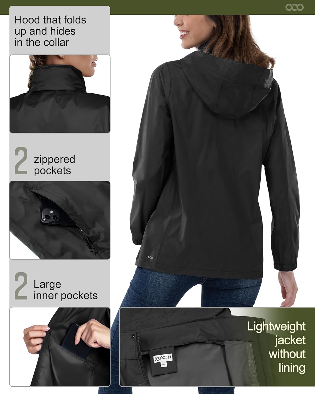 33,000Ft Women'S Waterproof Packable Rain Jacket Lightweight Breathable Running Raincoat Outdoor Hiking Jacket Ladies Windproof Windbreaker with Hideaway Hood for Cycling image number 6