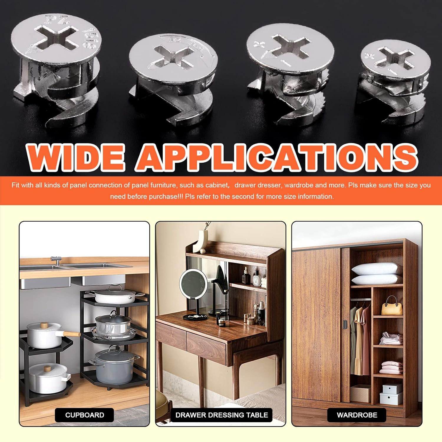 Tanstic 100Pcs 4 Sizes Furniture Connecting Cam Lock Fittings, Fastener Cabinet Connectors Hardware Bolts Lock Nut image number 5