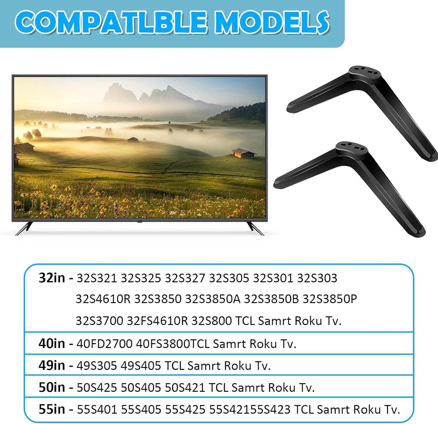 TV Pedestal Feet, Universal TV Stand Legs, Universal TV Base Pedestal Feet with Screws, Replacement Tv Stand for Most TCL Roku TV 32 40 49 50 55 Inch with Mounting Hole Distance from 2Cm-5Cm