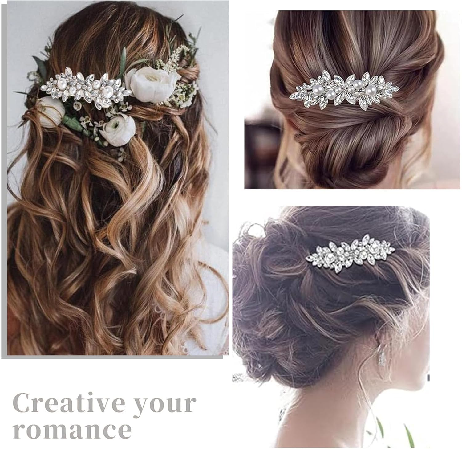 Diamante Hair Clips for Women, 3 Pcs Rhinestone Flower Hair Clips, Wedding Hair Accessories, Silver Wedding Headpiece Pins Crystal Flower, for Kids/Girls/Women Carnival/Concert/Party/Dance image number 4