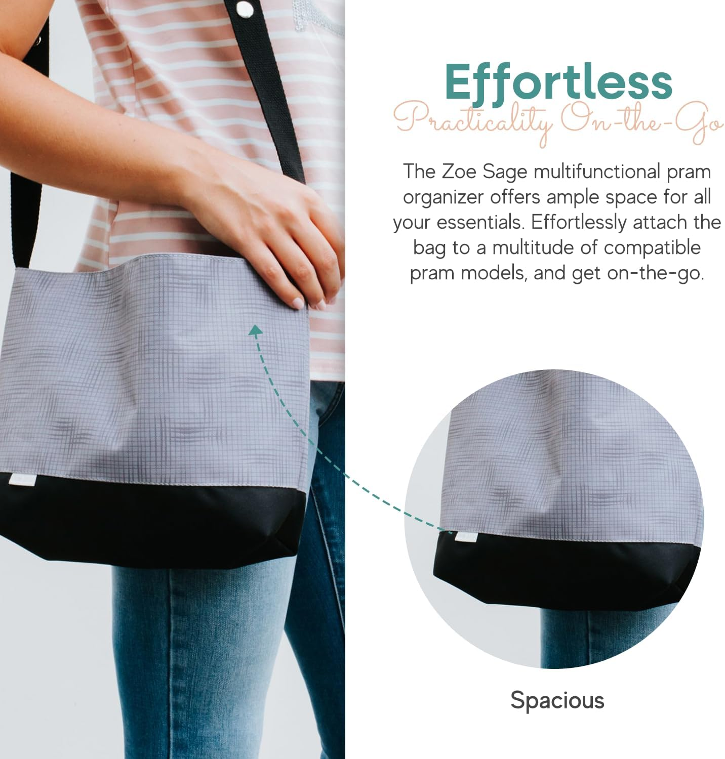 Nappy Caddy Stroller Organiser - Universal Pram Caddy Bag for Mummy - Snuggly Fit to Most Strollers W/Shoulder Strap, Adjustable Strap, and Handy Reusable Wet Pouch, Grid Lock Grey - by Zoe Sage - Zebra Crossing image number 7