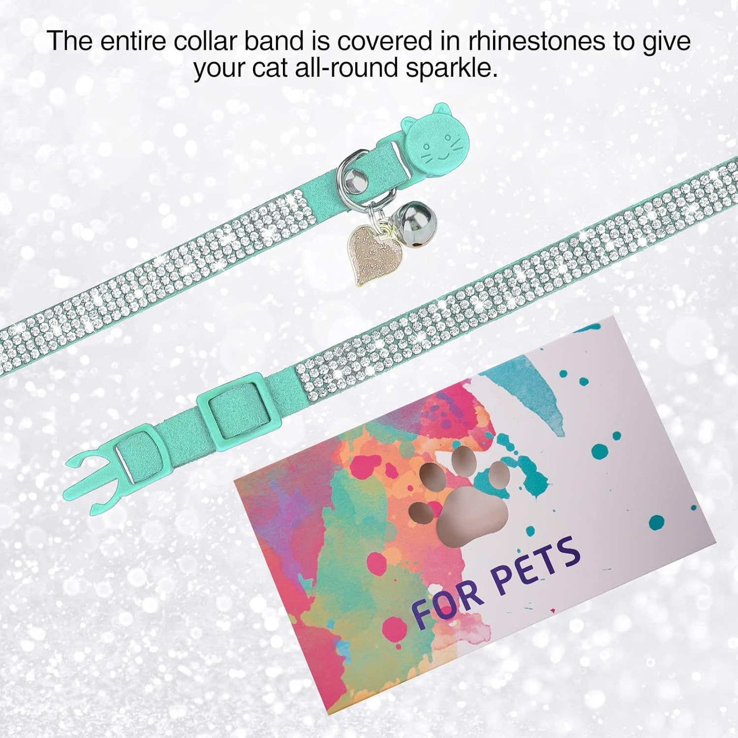 DILLYBUD Rhinestone Cat Collar Breakaway with Bell, Diamond Cat Collar with Safety Buckle Quick Release for Girl Boy Small Kitten Pets Puppy,Cute Soft Female Male Cat Collars, Color Green 8-12" image number 7