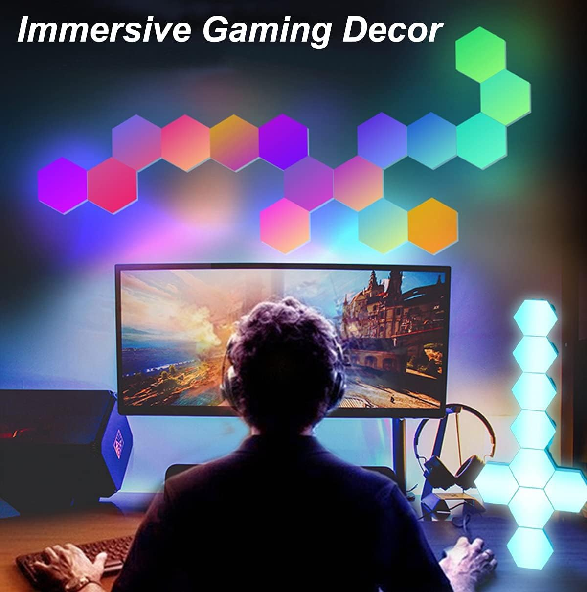Hexagon Lights Remote Controlled, RGB LED Wall Lights Modular Light Panels Touch-Sensitive, DIY Geometric Gaming Lights with Stand, Infinitely Splicing for Gaming Room Living Room Bedroom TV, 6 Pack