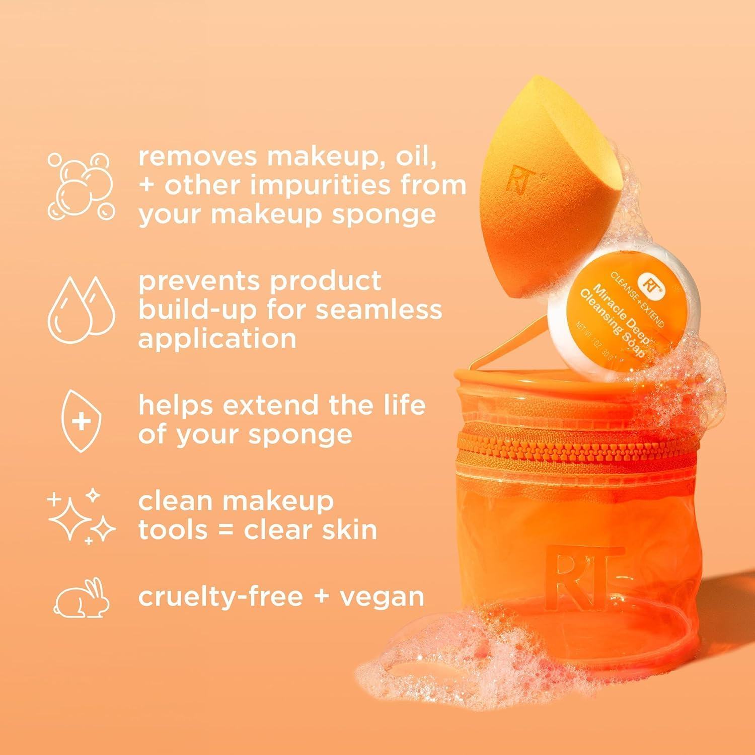 Real Techniques Miracle Blend + Cleanse 3 Piece Set, Makeup Sponge for Blending Foundation & Solid Soap for Deep Cleaning Sponges, Includes Travel Storage Tote, Cruelty-Free, & Latex-Free image number 2