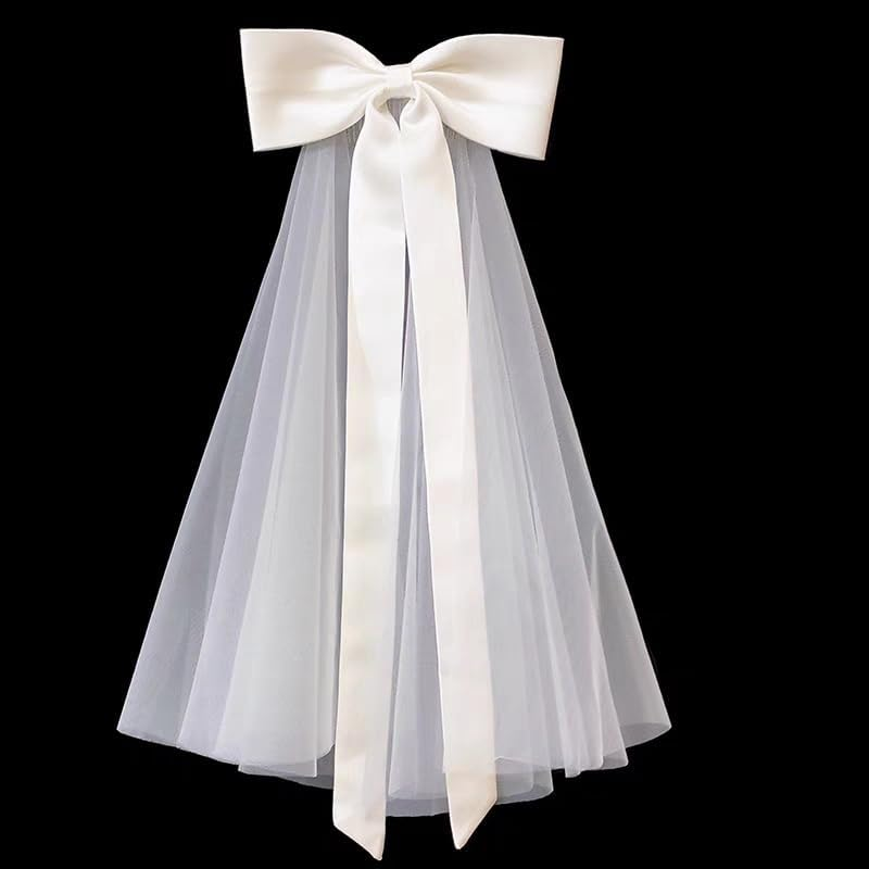 Bridal Veil Hair Clips with Big Bow Wedding Tulle Hairclips with Long Ribbon Bowknot Spring Snap Hair Barrettes for Women ﻿Girl image number 3