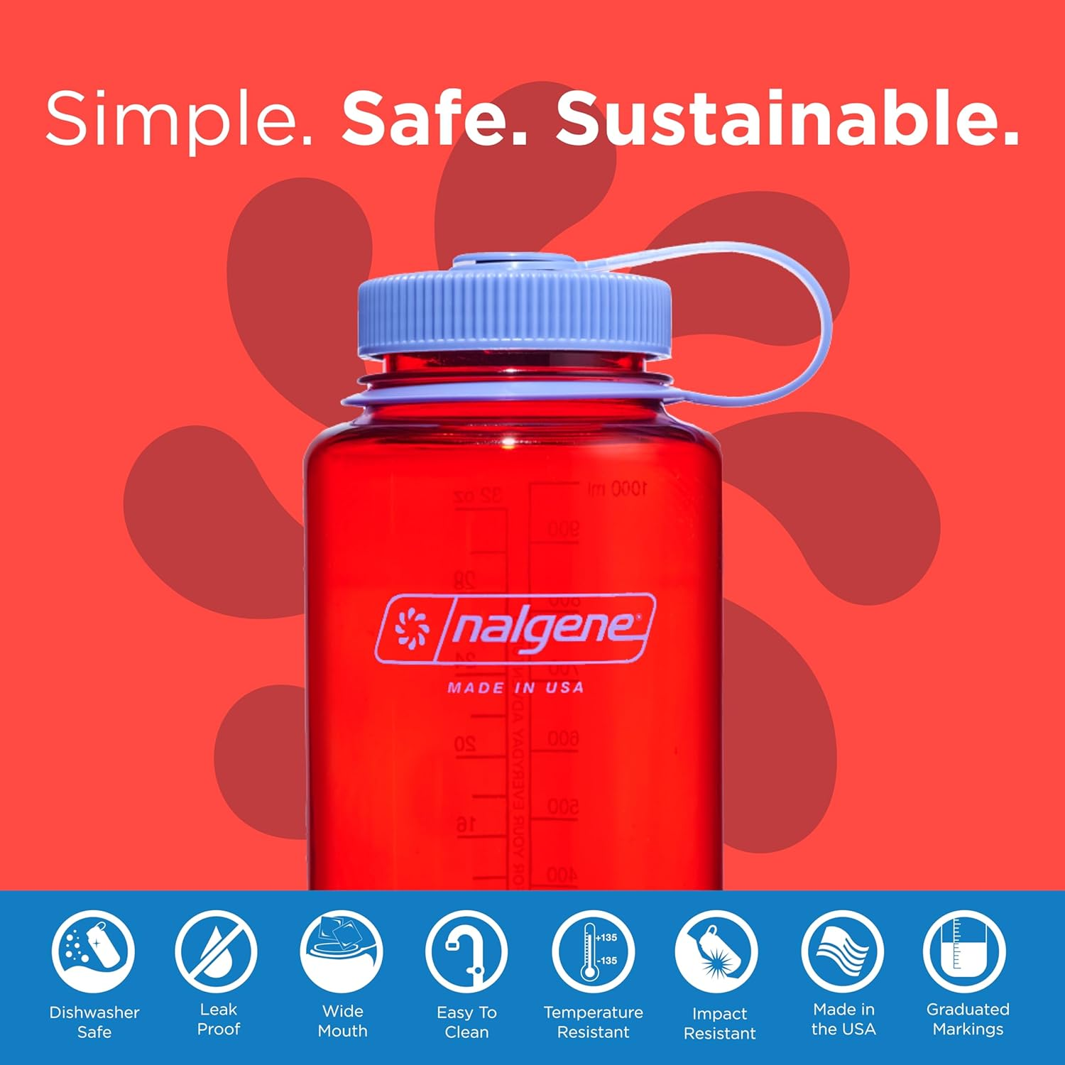 Nalgene Water Bottle - Lightweight Sustain Tritan Bpa-Free Shatterproof Bottle for Backpacking, Hiking, Gym, 32 OZ, Wide Mouth, Marmalade Orange - Cornflower Blue image number 5