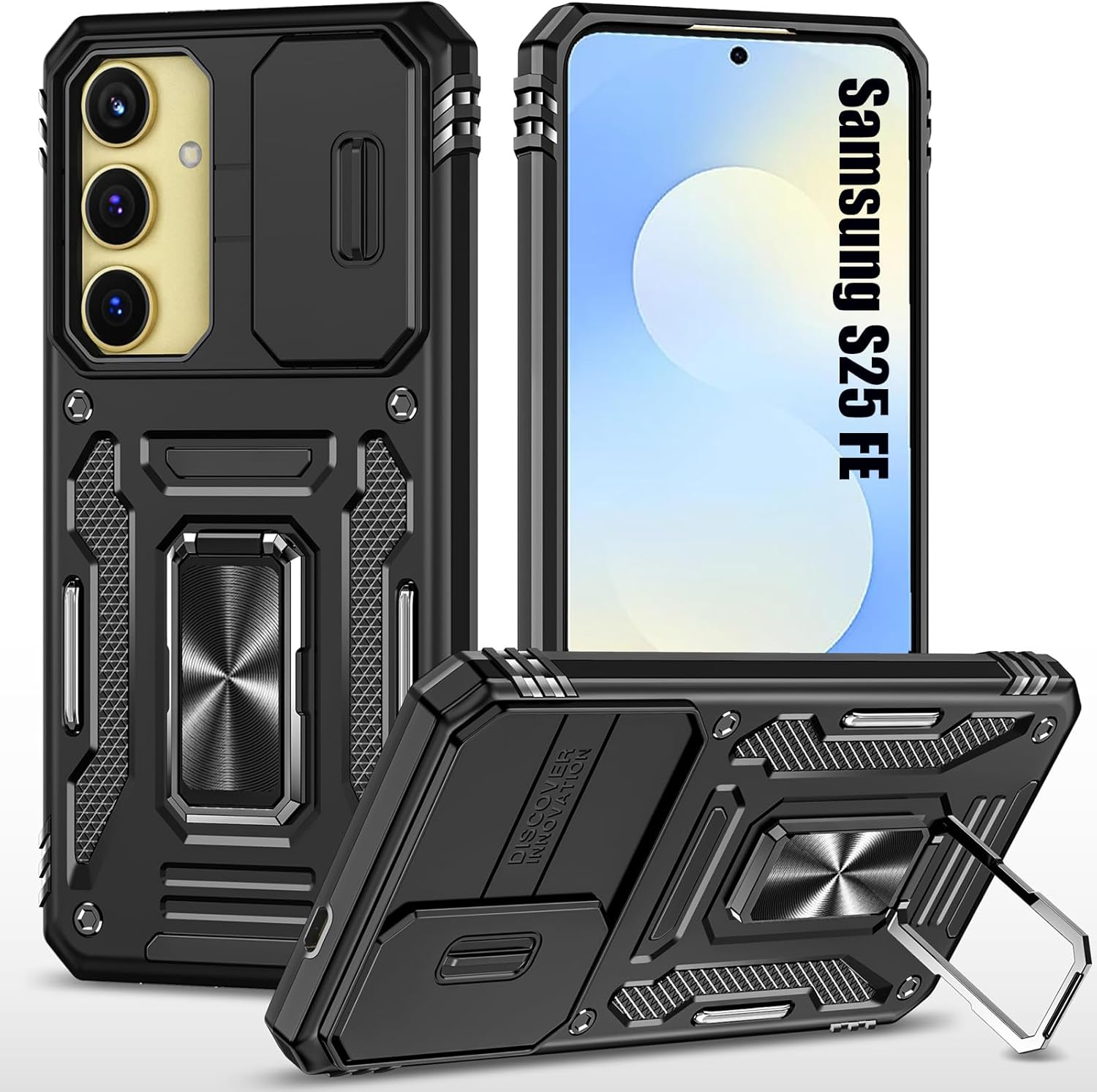 Lumobrilla for Samsung Galaxy S25 FE Case with Sliding Camera Cover,360&deg; Rotate Ring Stand Heavy Duty Protective Shockproof Cover Phone Case for Samsung S25 FE 5G,Black image number 6