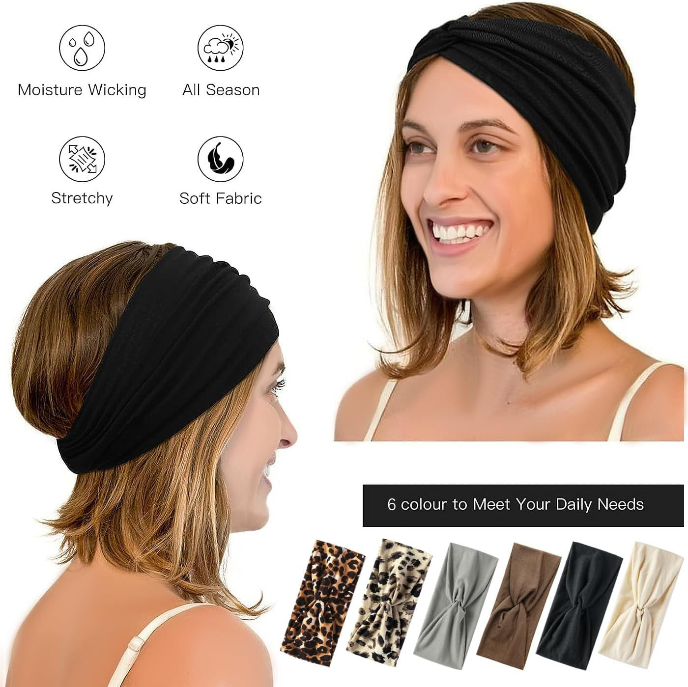 SSKHE 6PCS Headbands for Women, Wide Ladies Headband Boho, Stretchy Headbands, Print Leopard Bandanas, Fashion Knotted Hairbands, Cute Hair Bands for Women Girls Cleaning Face Makeup Yoga image number 1