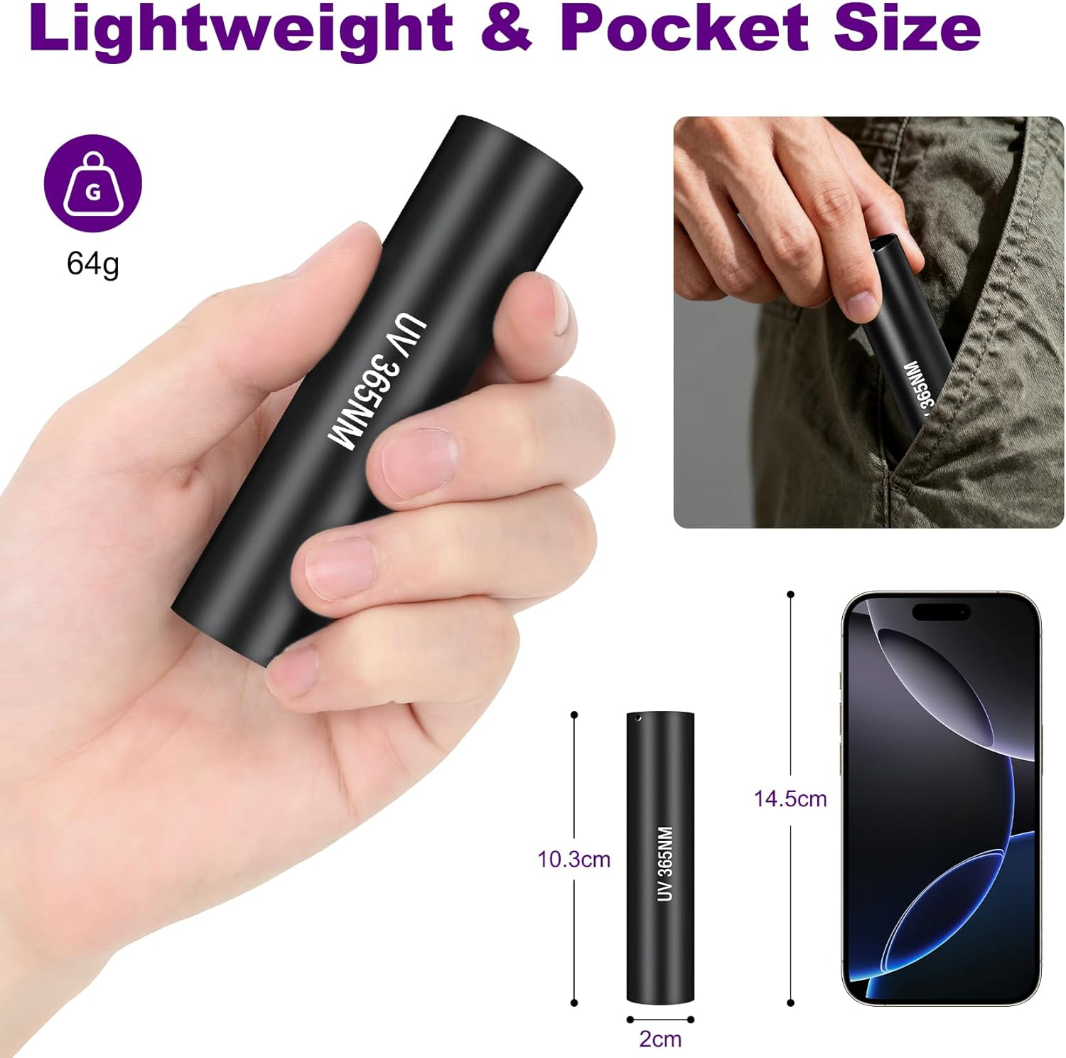 Tisuokae 365Nm UV Light, 10W Portable Mini Handheld UV Torch, Rechargeable USB -C Black Light Torch, Professional Black Flashlight for Pet Dog Urine Pet Stains, Resin Curing, Rocks, Scorpion image number 5