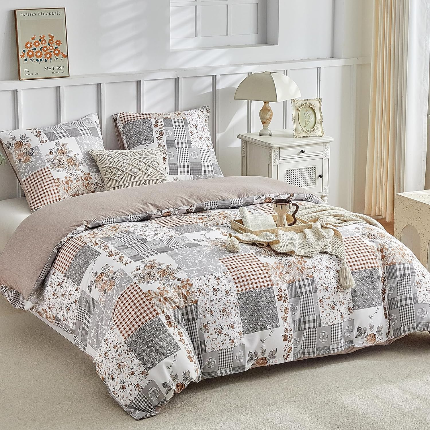 Tokokimo Duvet Cover 220 X 240 Cm with 2 Pillowcases 65 X 65 Cm - Bohemian Patchwork Floral Pattern - 100% Microfibre Bedding Set 220 X 240 Cm for Adults with Zips, Khaki image number 4